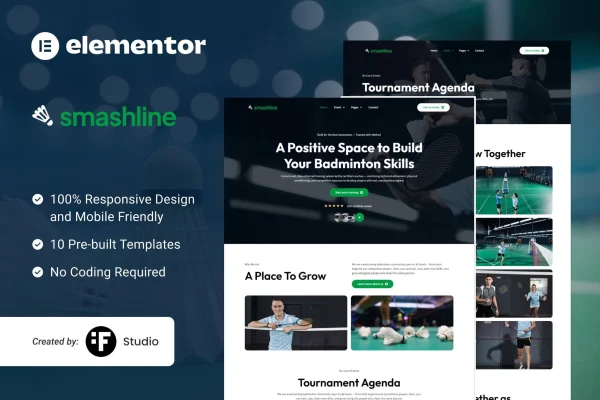 Smashline badminton club and academy Elementor template kit preview
