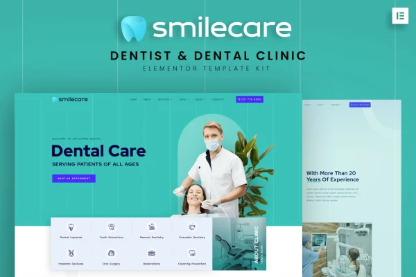 Smilecare dentist and dental clinic Elementor template kit preview