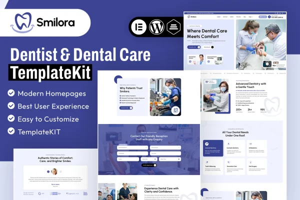 Smilora dentist and dental care Elementor template kit preview