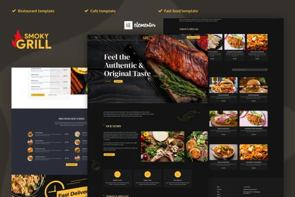 Smoky Grill restaurant and cafe Elementor Pro template kit preview
