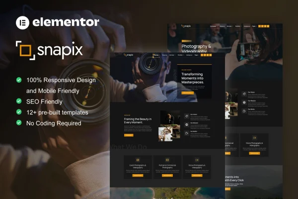 Snapix photography and videography Elementor template kit cover image