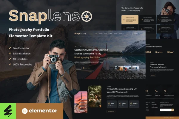 Snaplens photography and portfolio Elementor template kit preview