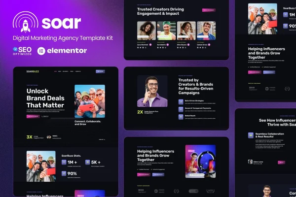 SoarBuzz influencer agency Elementor template kit cover image