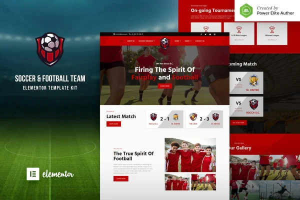 Socca football team and sports club Elementor template kit preview