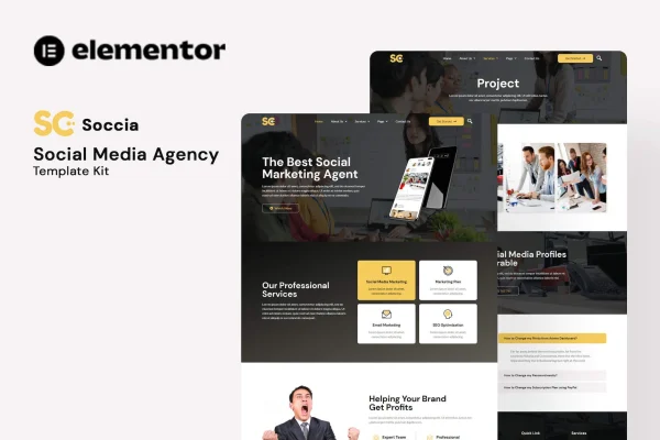 Soccia social media agency Elementor template kit preview