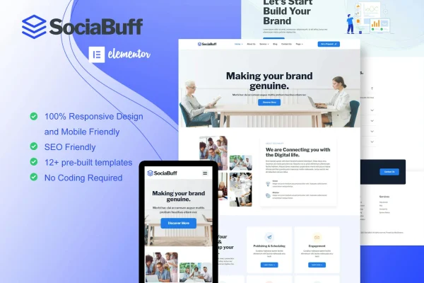 SociaBuff social media and digital agency Elementor template kit preview