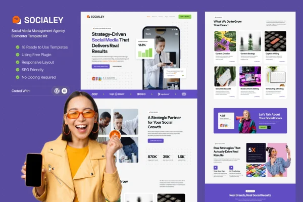 Socialey social media management agency Elementor template kit preview