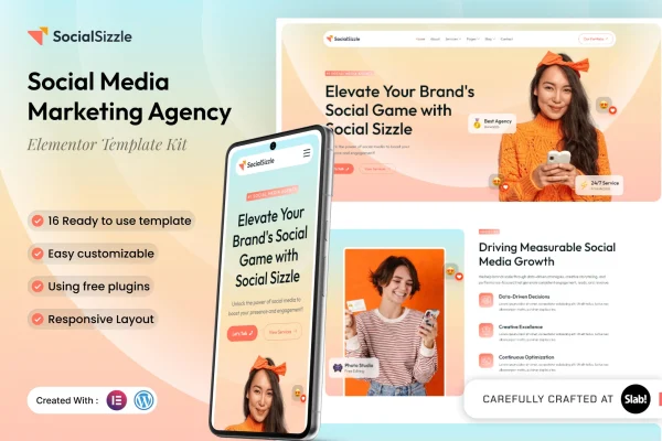 Socialsizzle Elementor template kit preview for a social media marketing agency website