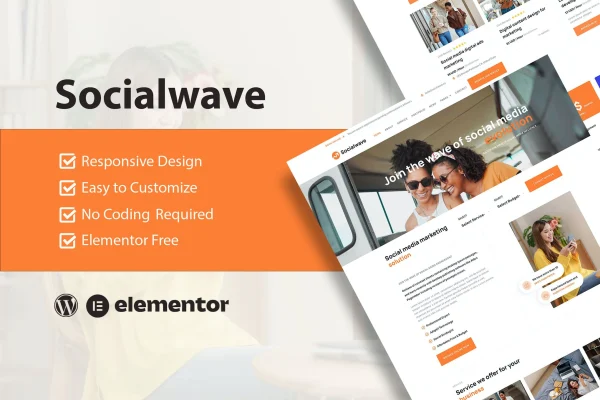 SocialWave Elementor template kit preview for a social media marketing agency website