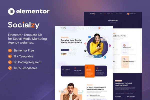 Socialzy social media marketing agency Elementor template kit preview
