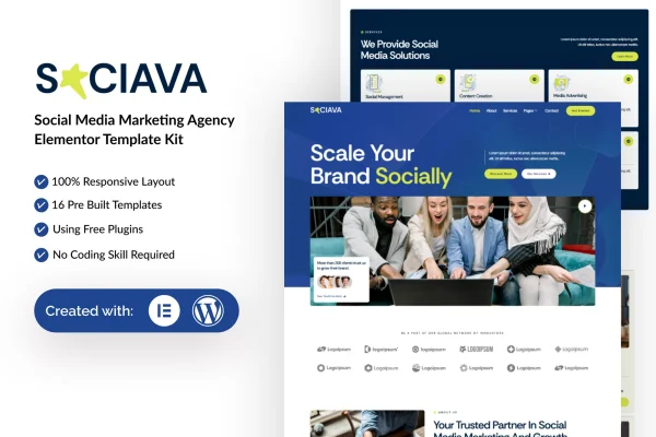 Sociava social media marketing agency Elementor template kit preview