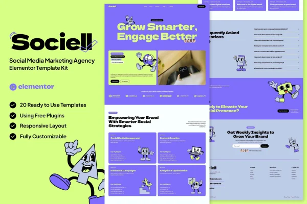 Sociell social media marketing agency Elementor template kit preview
