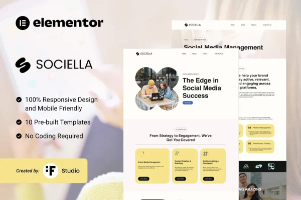 Sociella Elementor template kit for social media agencies cover image