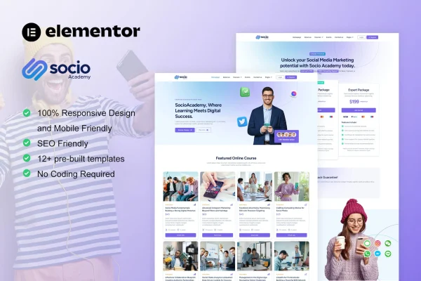 SocioAcademy social media course Elementor template kit page previews