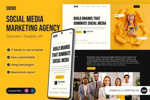 Socivo social media marketing agency Elementor template kit cover image
