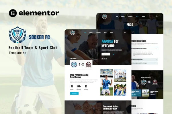 Socker football team and sports club Elementor template kit preview