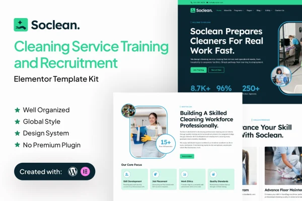 Soclean cleaning service training and recruitment Elementor template kit preview