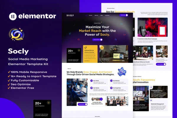 Socly social media marketing agency Elementor template kit cover