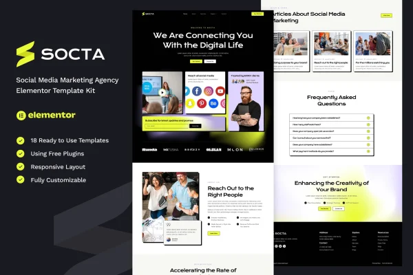 Socta social media marketing agency Elementor template kit preview