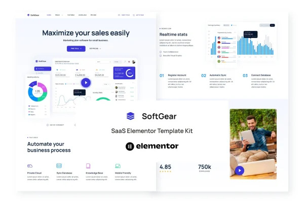 SoftGear SaaS Elementor template kit page previews
