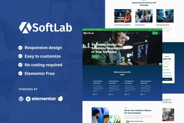 SoftLab technology and SaaS Elementor Pro template kit preview