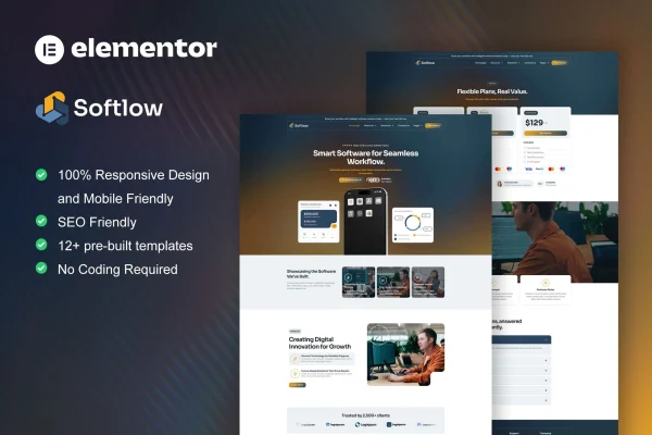 Softlow technology and software company Elementor template kit preview