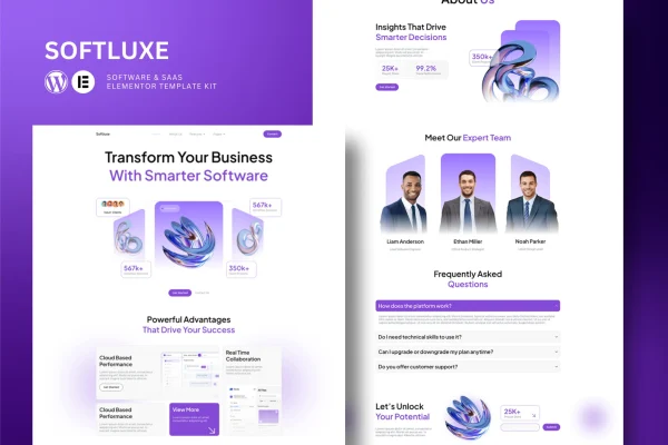Softluxe software and SaaS Elementor template kit preview