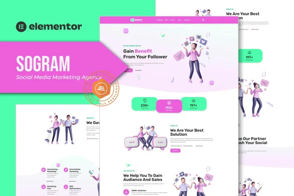 Sogram social media marketing agency Elementor template kit preview