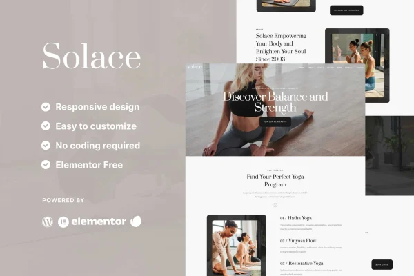 Solace yoga teacher and studio Elementor template kit preview