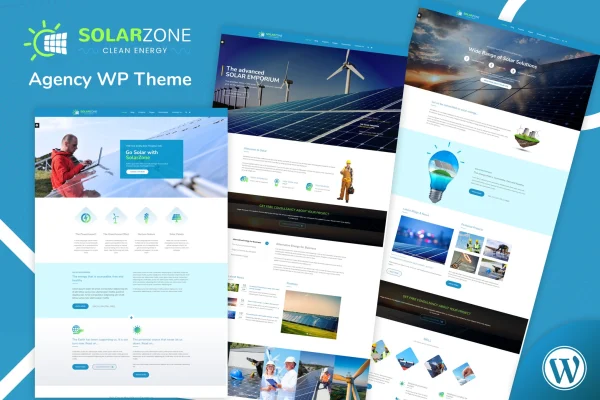 Solar Energy WordPress theme preview with solar panels and wind turbines