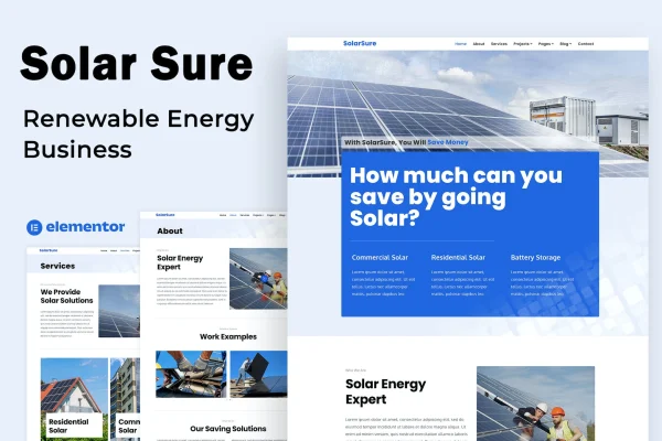 Solar Sure renewable energy Elementor template kit preview