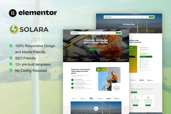 Solara solar panel and renewable energy Elementor template kit preview