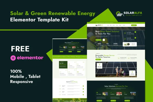 SolarAlfa solar and renewable energy Elementor template kit preview