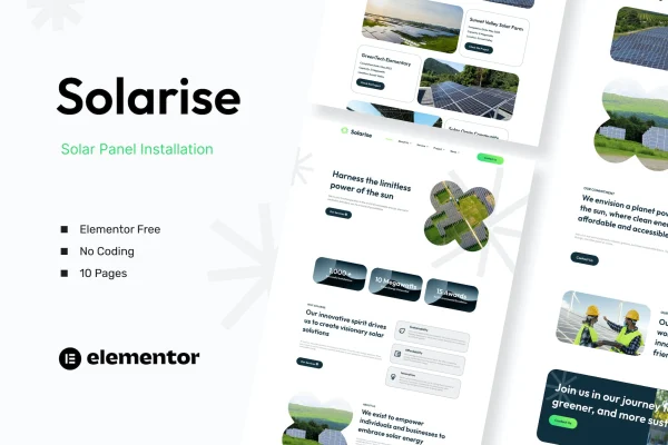 Solarise solar panel installation Elementor template kit cover image