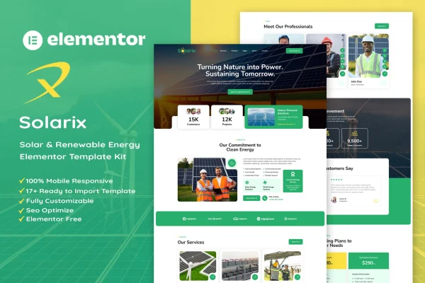 Solarix solar and renewable energy Elementor template kit preview