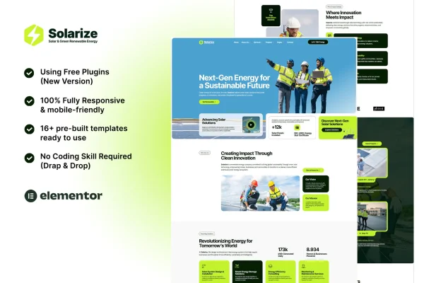 Solarize solar and renewable energy Elementor template kit preview