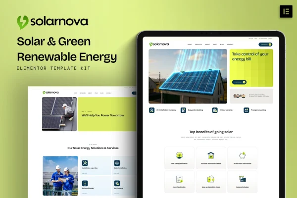 Solarnova solar and renewable energy Elementor template kit preview