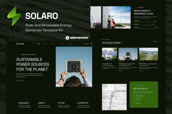 Solaro solar and renewable energy Elementor template kit preview