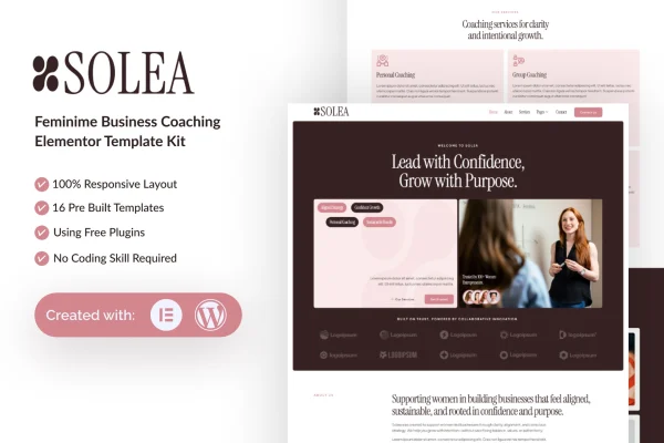Solea feminine business coaching Elementor template kit preview