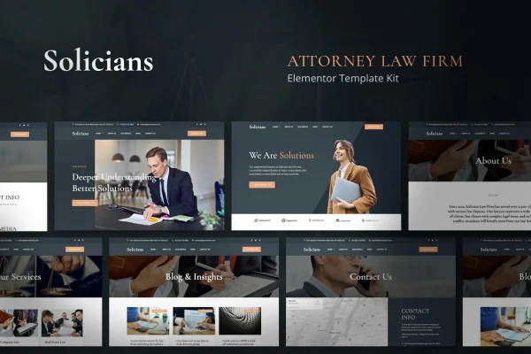 Solicians attorney law firm Elementor template kit page previews