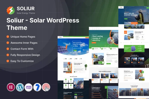 Soliur solar WordPress theme preview showing renewable energy website layouts
