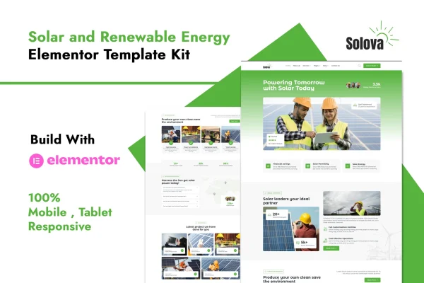 Solova solar and renewable energy Elementor template kit preview