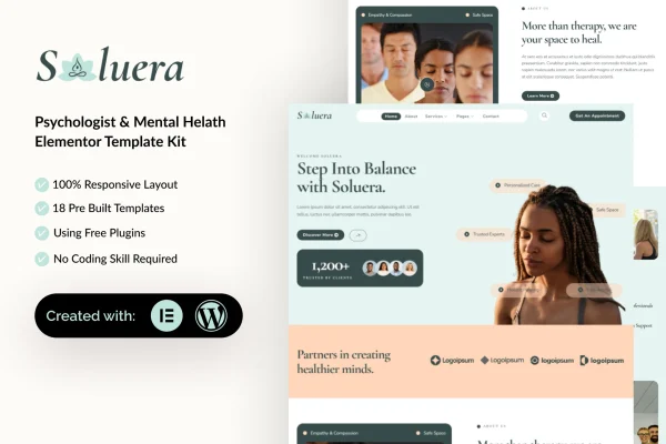Soluera psychologist and mental health Elementor template kit preview