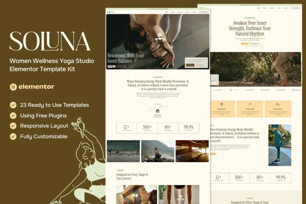 Soluna women wellness yoga studio Elementor template kit preview