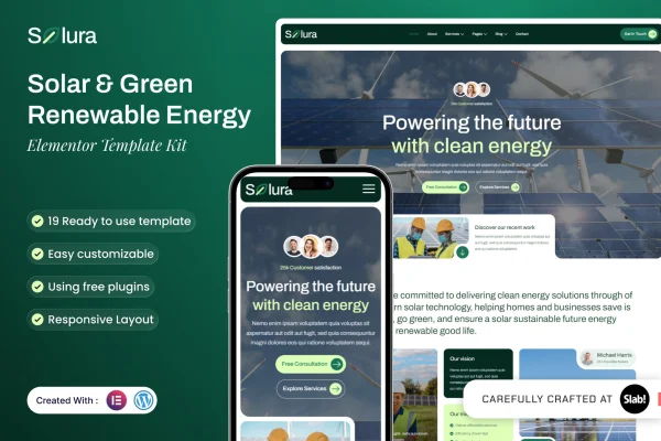 Solura solar and renewable energy Elementor template kit preview