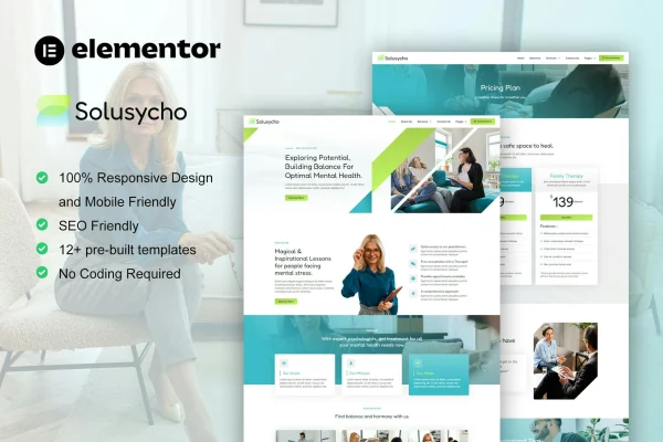 Solusycho psychology and mental health Elementor template kit preview