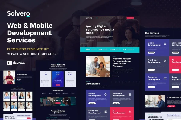 Solvero Elementor template kit cover for a web and mobile development agency site