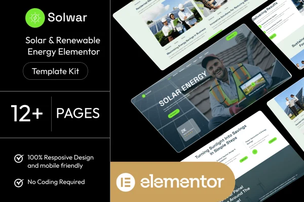 Solwar solar and renewable energy Elementor template kit preview