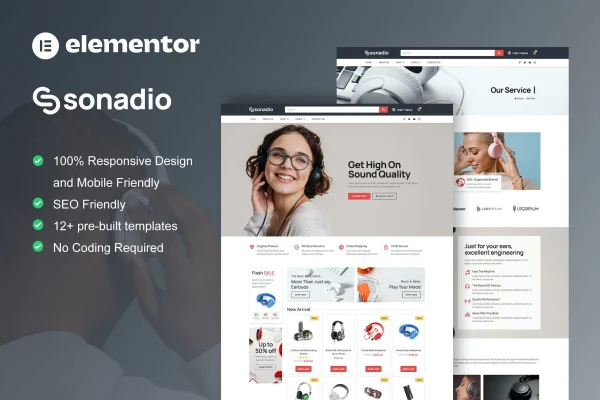 Sonadio audio store Elementor template kit cover image
