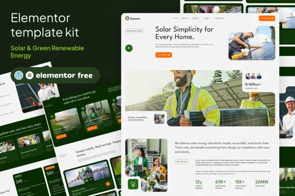 Sonare solar and renewable energy Elementor template kit preview
